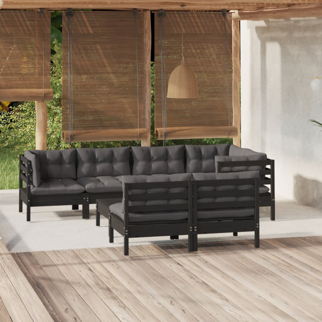vidaXL 8-tlg. Garten-Lounge-Set mit Kissen Schwarz Massivholz Kiefer
