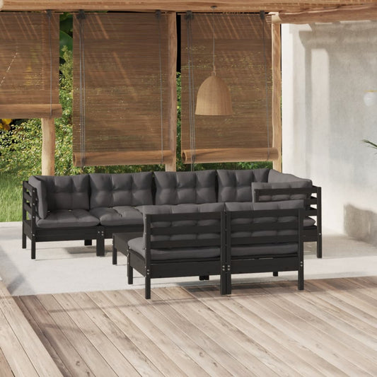 vidaXL 8-tlg. Garten-Lounge-Set mit Kissen Schwarz Massivholz Kiefer