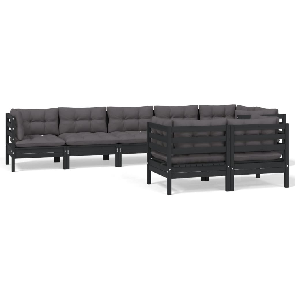 vidaXL 8-tlg. Garten-Lounge-Set mit Kissen Schwarz Massivholz Kiefer