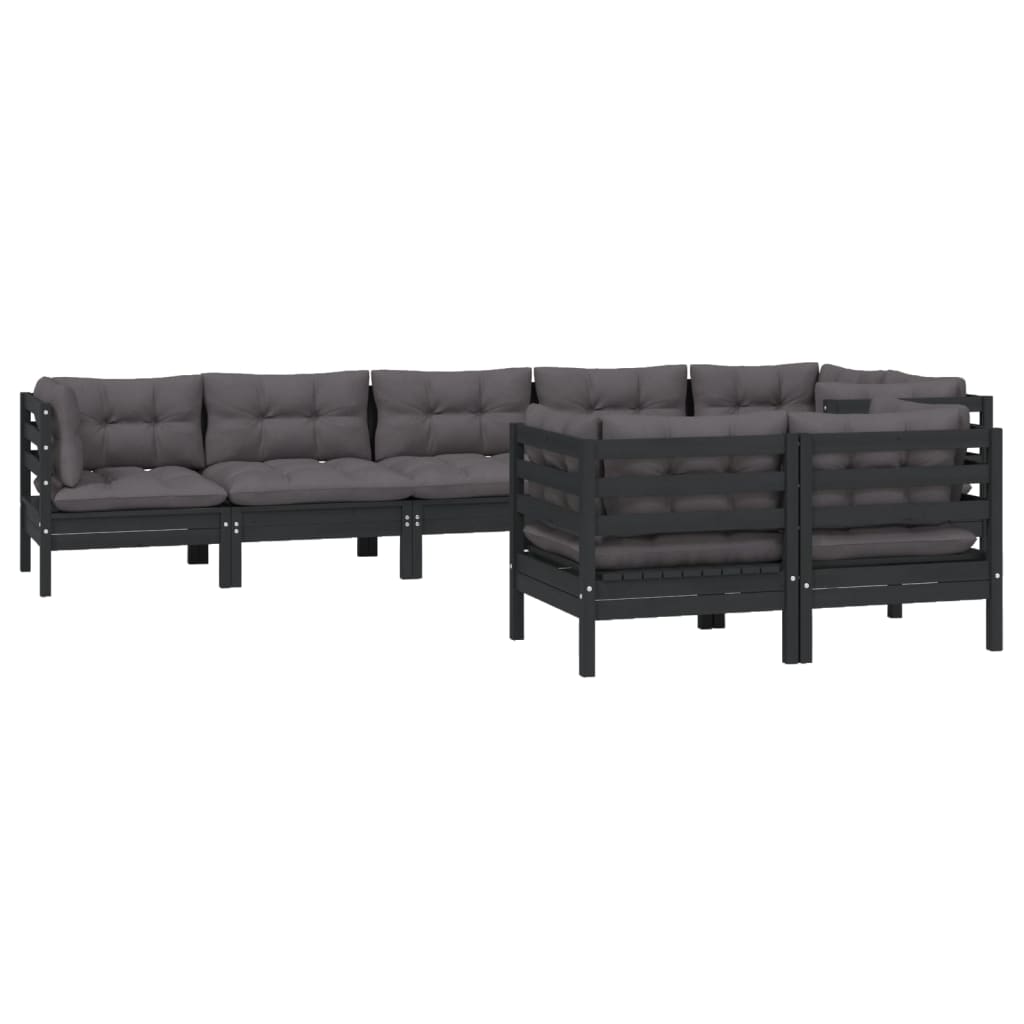 vidaXL 8-tlg. Garten-Lounge-Set mit Kissen Schwarz Massivholz Kiefer