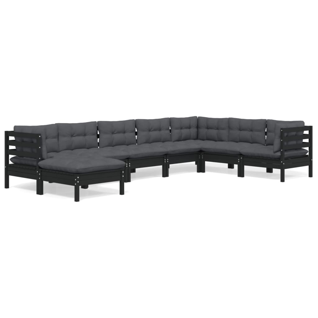 vidaXL 8-tlg. Garten-Lounge-Set mit Kissen Schwarz Massivholz Kiefer