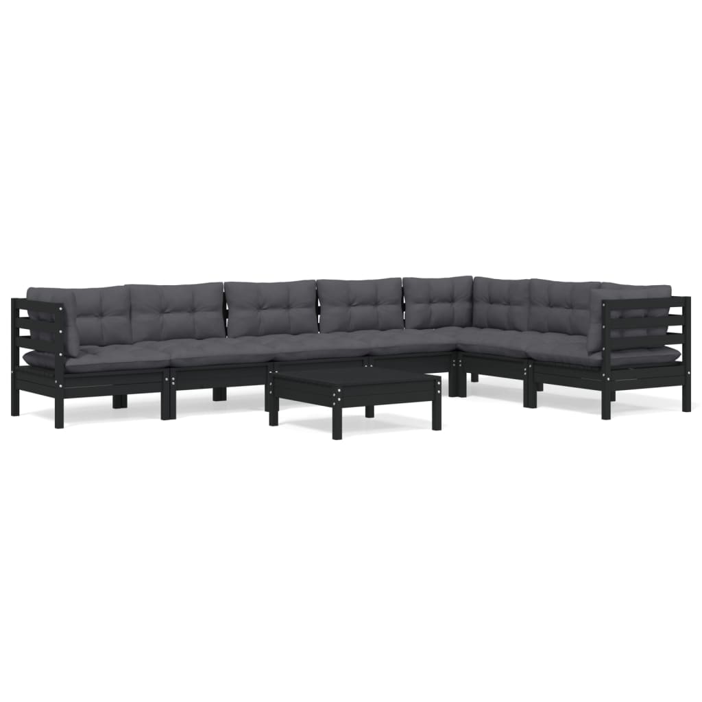 vidaXL 8-tlg. Garten-Lounge-Set mit Kissen Schwarz Massivholz Kiefer