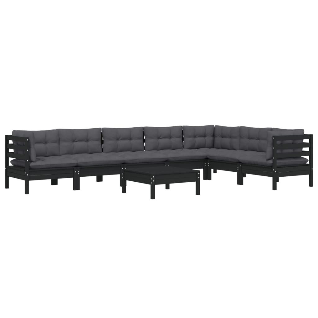 vidaXL 8-tlg. Garten-Lounge-Set mit Kissen Schwarz Massivholz Kiefer
