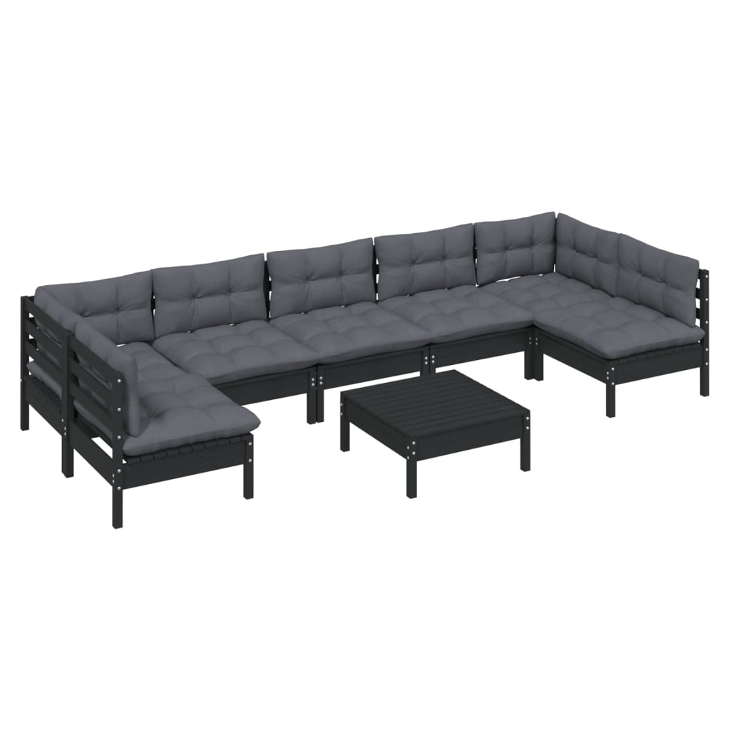 vidaXL 8-tlg. Garten-Lounge-Set mit Kissen Schwarz Massivholz Kiefer