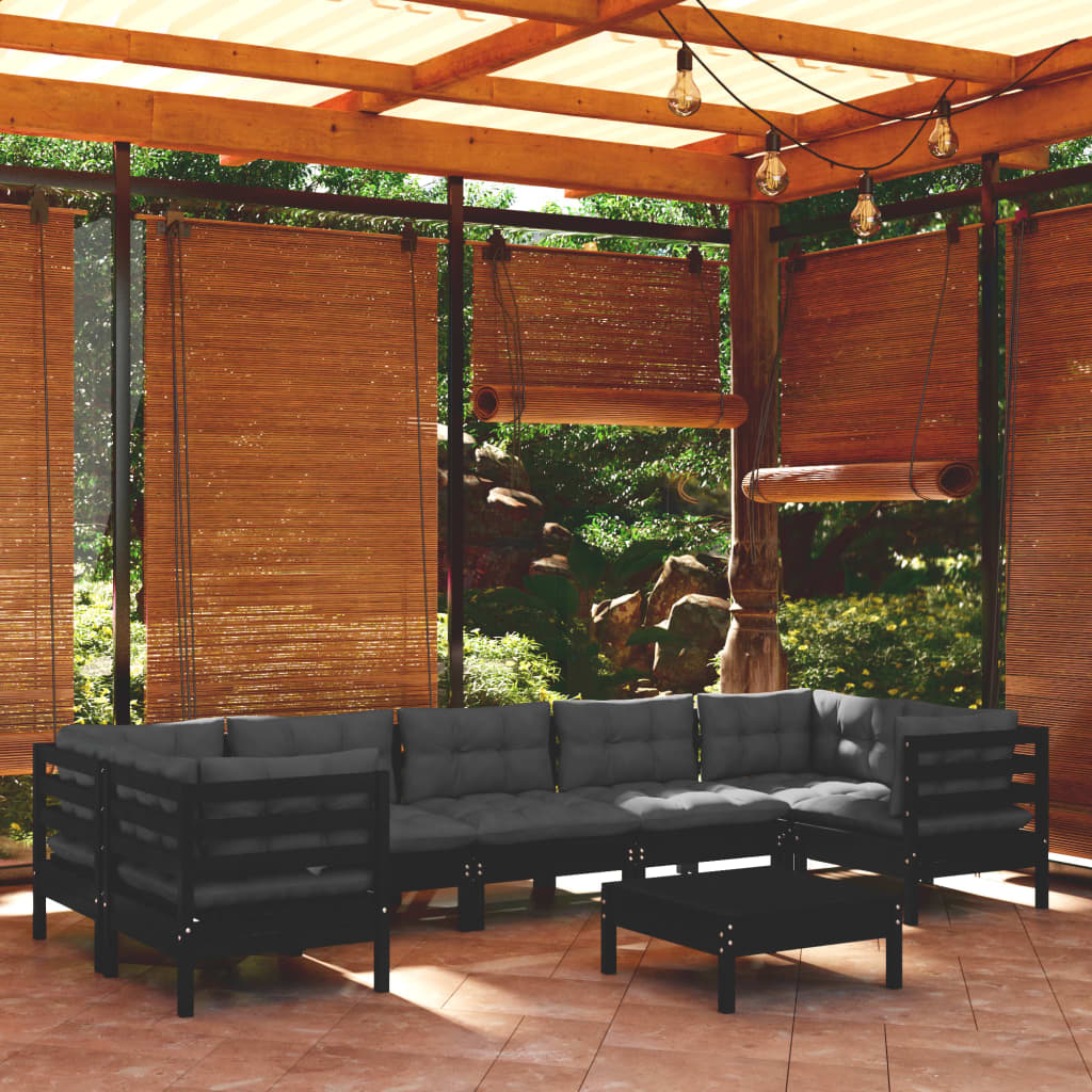 vidaXL 8-tlg. Garten-Lounge-Set mit Kissen Schwarz Kiefernholz