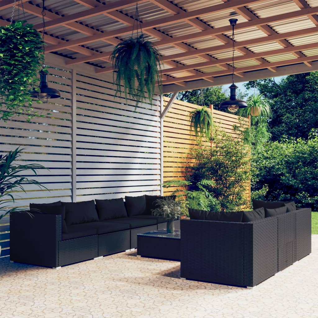 vidaXL 8-tlg. Garten-Lounge-Set mit Kissen Poly Rattan Schwarz