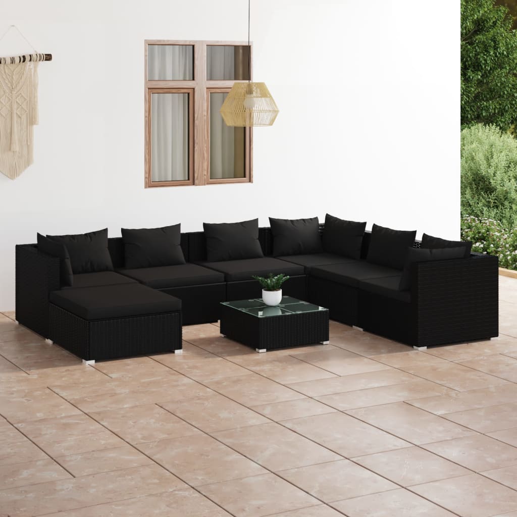 vidaXL 8-tlg. Garten-Lounge-Set mit Kissen Poly Rattan Schwarz