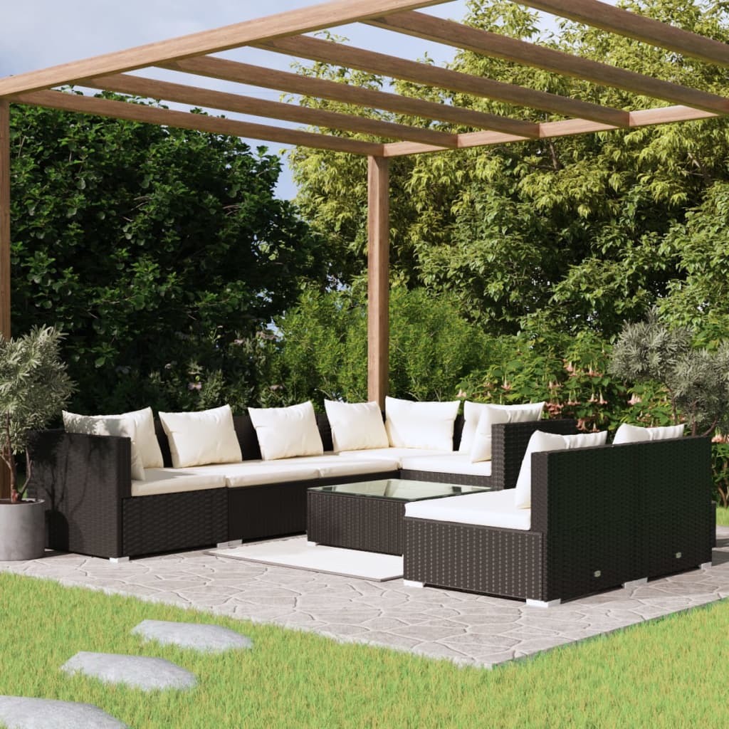 vidaXL 8-tlg. Garten-Lounge-Set mit Kissen Schwarz Poly Rattan