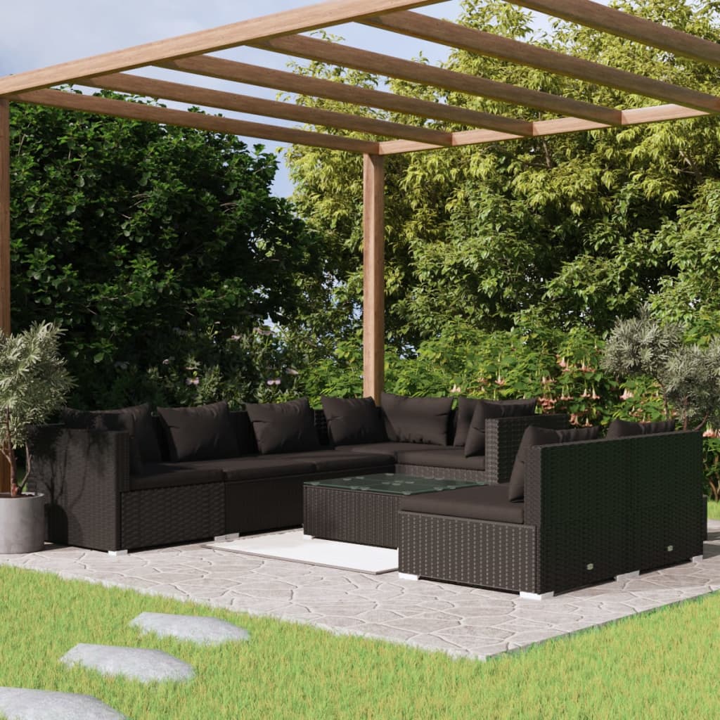 vidaXL 8-tlg. Garten-Lounge-Set mit Kissen Schwarz Poly Rattan
