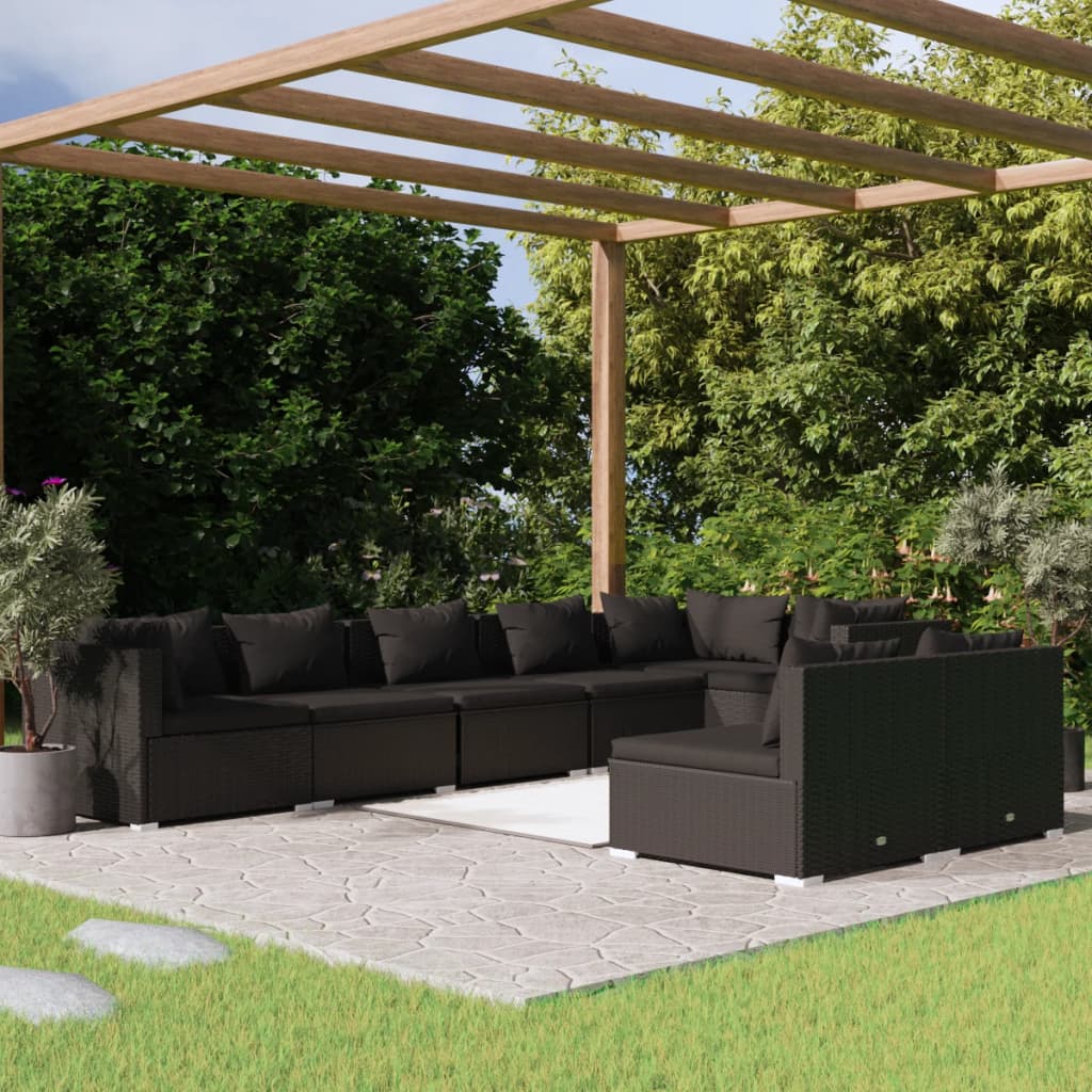 vidaXL 8-tlg. Garten-Lounge-Set mit Kissen Schwarz Poly Rattan