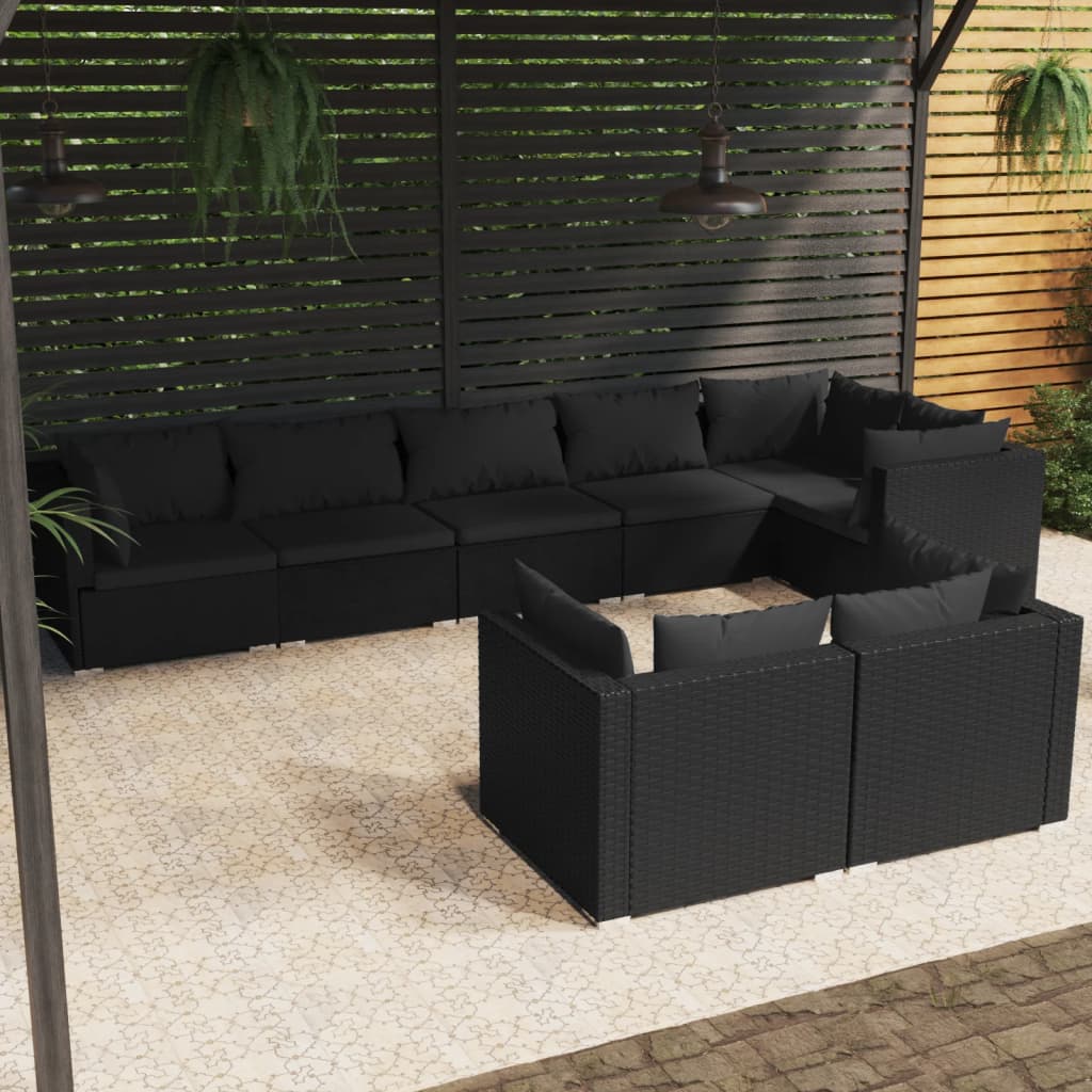 vidaXL 8-tlg. Garten-Lounge-Set mit Kissen Schwarz Poly Rattan