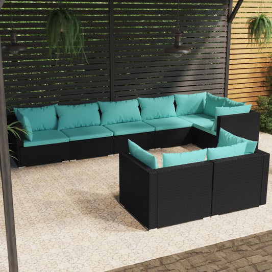 vidaXL 8-tlg. Garten-Lounge-Set mit Kissen Schwarz Poly Rattan