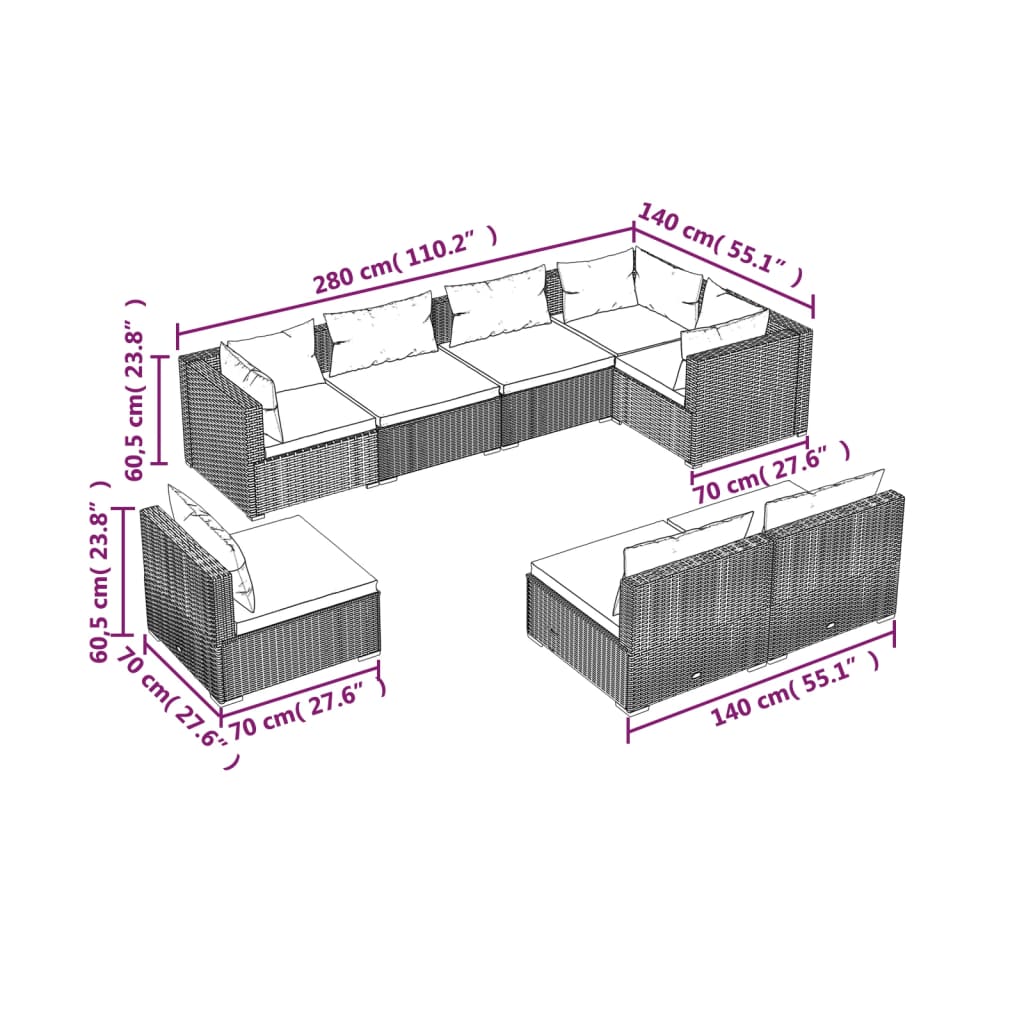 vidaXL 8-tlg. Garten-Lounge-Set mit Kissen Poly Rattan Schwarz