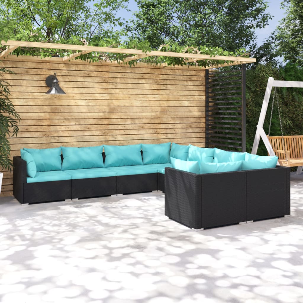 vidaXL 8-tlg. Garten-Lounge-Set mit Kissen Poly Rattan Schwarz
