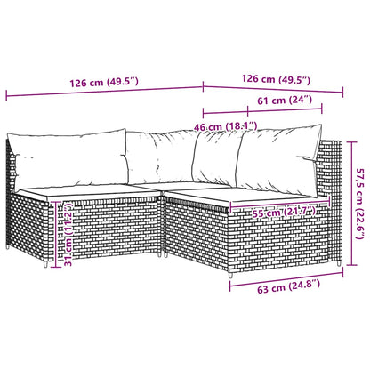 vidaXL 3-tlg. Garten-Lounge-Set mit Kissen Schwarz Poly Rattan