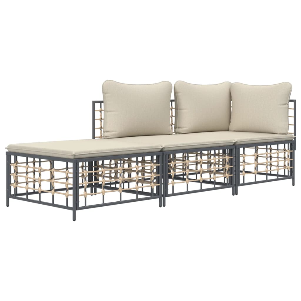 vidaXL 3-tlg. Garten-Lounge-Set mit Kissen Anthrazit Poly Rattan