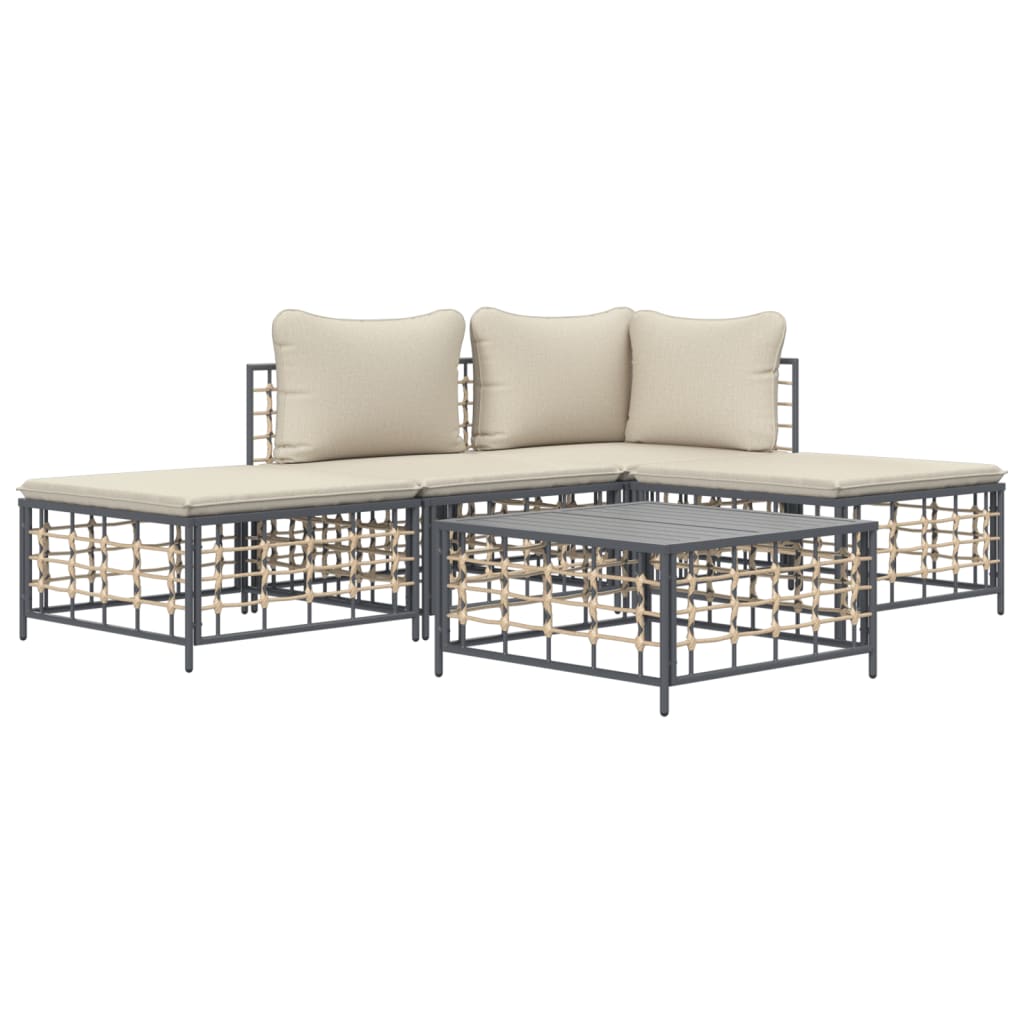 vidaXL 5-tlg. Garten-Lounge-Set mit Kissen Anthrazit Poly Rattan