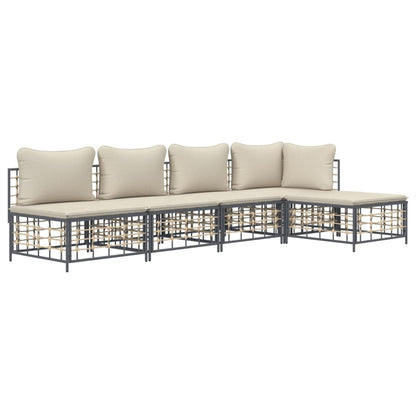 vidaXL 5-tlg. Garten-Lounge-Set mit Kissen Anthrazit Poly Rattan