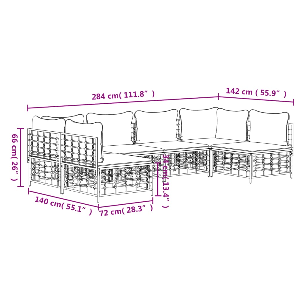 vidaXL 6-tlg. Garten-Lounge-Set mit Kissen Anthrazit Poly Rattan
