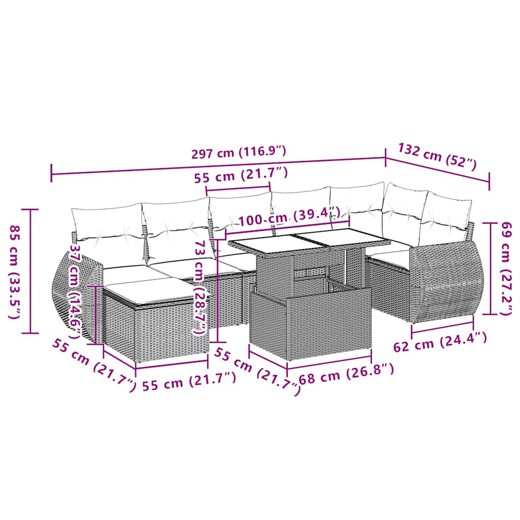 vidaXL 8-tlg. Garten-Sofagarnitur mit Kissen Beige Poly Rattan
