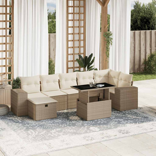 vidaXL 8-tlg. Garten-Sofagarnitur mit Kissen Beige Poly Rattan
