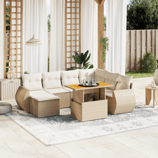 vidaXL 8-tlg. Garten-Sofagarnitur mit Kissen Beige Poly Rattan