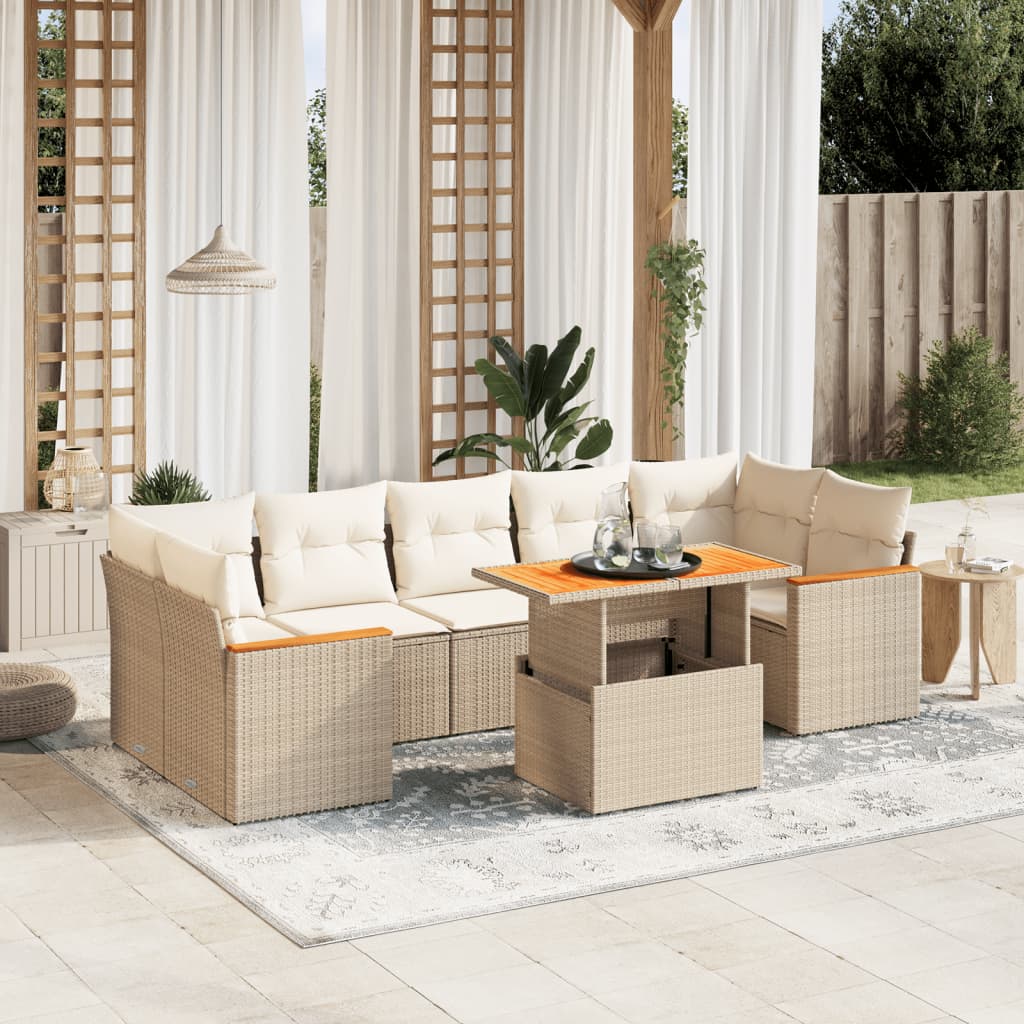 vidaXL 8-tlg. Garten-Sofagarnitur mit Kissen Beige Poly Rattan