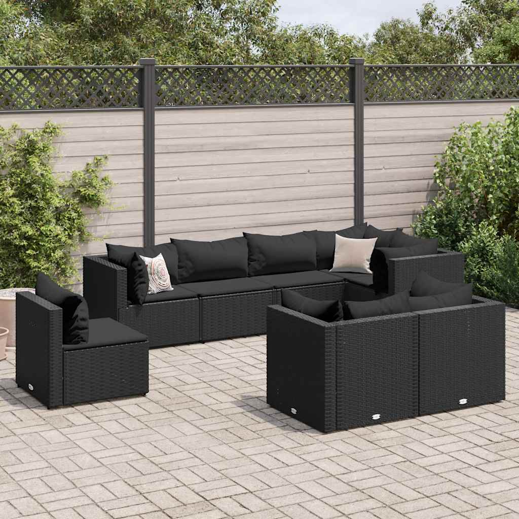 vidaXL 8-tlg. Garten-Lounge-Set mit Kissen Schwarz Poly Rattan