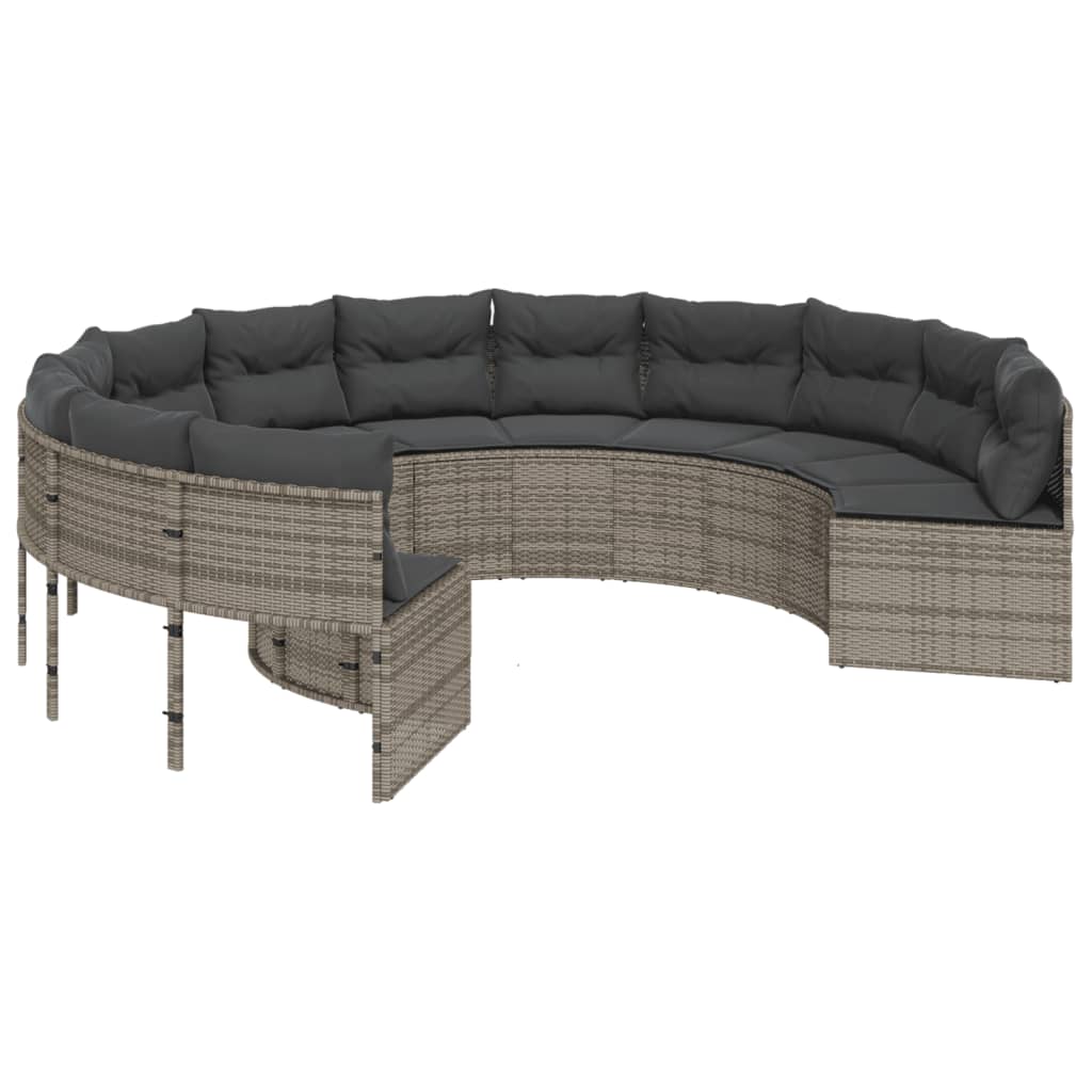 vidaXL Gartensofa mit Tisch und Kissen Rund Grau Poly Rattan