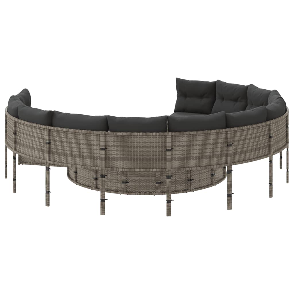 vidaXL Gartensofa mit Tisch und Kissen Rund Grau Poly Rattan