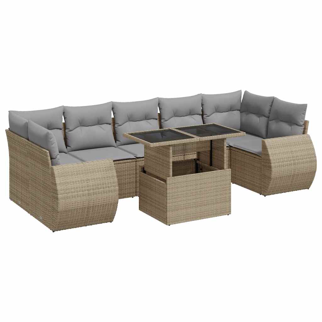 vidaXL 8-tlg. Garten-Sofagarnitur mit Kissen Beige Poly Rattan