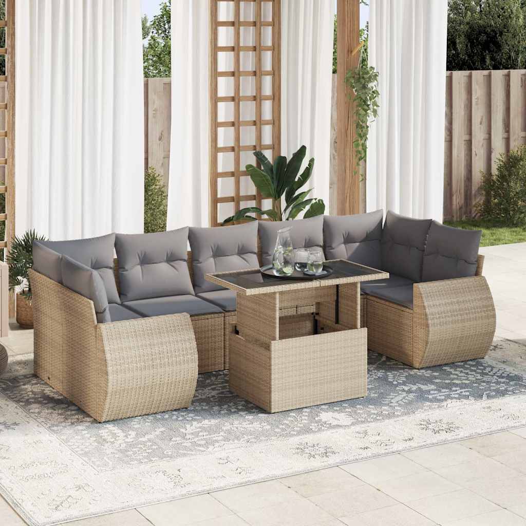 vidaXL 8-tlg. Garten-Sofagarnitur mit Kissen Beige Poly Rattan